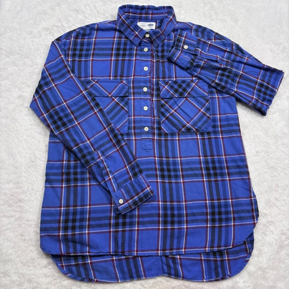 Old Navy Flannel Popover Shirt Womens M Blue Plaid Boyfriend Long Sleeve‎ 755008
